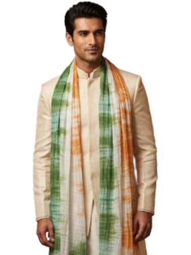 Image of DUPATTA BAZAAR Men's Silk Blend Tricolour Dupatta | Leheriya Dyed Patriotic Stole with Tasselled Border | Lightweight Ethnic Dupatta for Independence Day, Republic Day and Cultural Events (Design 4)