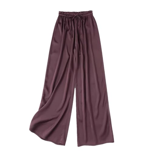Womens Silk Elastic Waist Leg Pants Solid Color Lace-Up Comfy Long Casual Trousers with Pockets