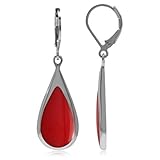 Creado Coral rojo incrustaciones chapado en oro blanco 925 plata esterlina gota Dangle Leverback Pendientes
