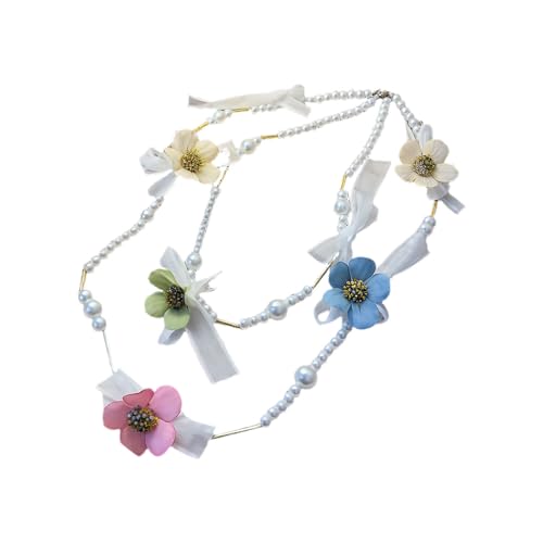 Collier de fleurs perlées tendance, bijou double fil en fausse pierre et perles blanches