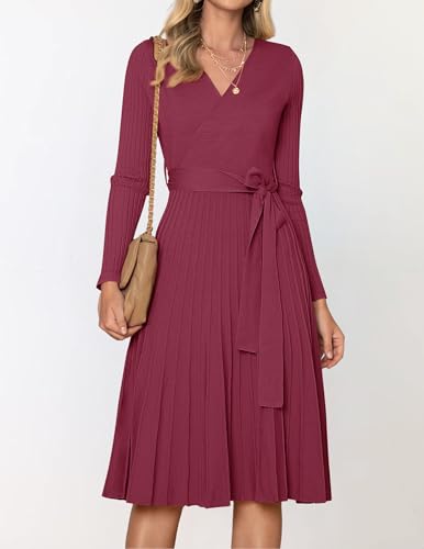 ZESICA Women's Fall Long Sleeve Wrap V Neck Ribbed Knit Pleated A Line Pullover Sweater Dress with Belt3