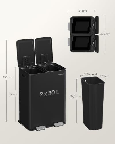 SONGMICS Mülleimer Küche, 2 x 30 Liter, 2 Fächer, mit Softclose-Deckel – Ansicht 6