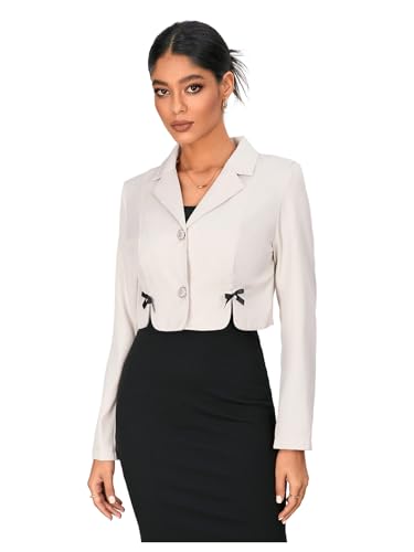 WDIRARA Women's Bow Decor Single Breasted Crop Blazer Collared Neck Open Front Long Sleeve Suit Jacket