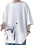 [Bligo] メンズ tシャツ 夏服 ビッグシルエット 薄手 丸首 コットン 半袖 フロント プリント 通気性 ゆったり シンプル 人気 カジュアル 快適 ネコ 軽い ファッション かわいい 韓国 無地 春 秋 White-3XL