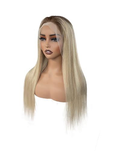 Image of Munx Ombre Highlight Ash Blonde Lace Wigs, Pre Plucked HD Transparent 13x6 Lace Front Human Hair Wigs for White Women Full Ends 180% Balayage Blonde with Brown Lace Frontal Wigs 18 In