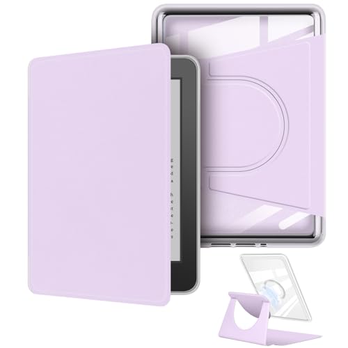 Funda giratoria de 360 grados para Kindle, diseño magnético desmontable, cubierta protectora ajustable, parte trasera transparente con apagado y encendido automático (morado claro, Kindle Paperwhite