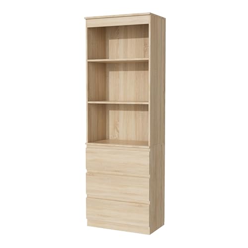 Garvis Bücherregal Hochschrank, 3 Schubladen & 3 Regale – MDF Hochregal mit Kippsicherung, 180 cm Hoch, Platzsparend für Wohnzimmer Schlafzimmer Studierzimmer (Sonoma-Eiche)