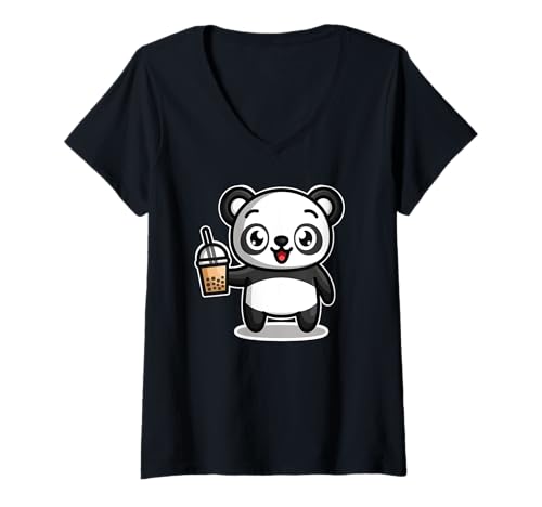 Mujer Bubble Boba Tea Kawaii Panda Bear Gift Camiseta Cuello V