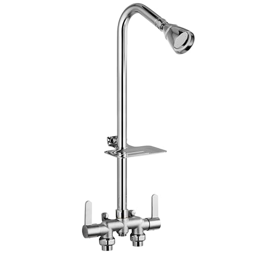 Kit de Ducha Exterior Aolemi con entradas hacia abajo, Cromo Pulido | Válvula mezcladora central de 3 pulgadas para agua caliente y fría, con dos manijas y jabonera para uso conveniente al aire libre