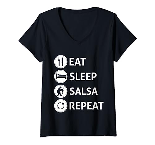 Mujer Divertida camiseta de regalo de baile de salón con texto en inglés "Eat Sleep Salsa Repeat Camiseta Cuello V
