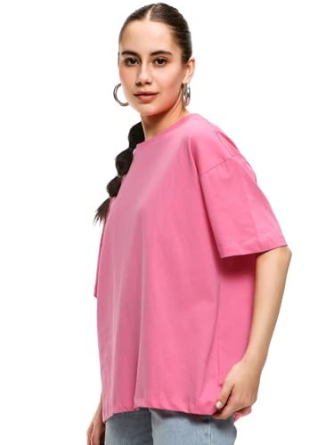 Image of Bewakoof Women's Solid Oversized Fit Half Sleeve Round Neck Cotton Jersey T-Shirt