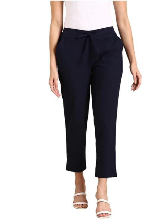 Women's Cotton High Waist Straight Fit Trousers, Ankle Length with Elastic Waist and Tie-Up, Casual Office Wear-picture-29
