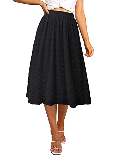 Ezcosplay Women's Boho Swiss Dot High Elastic Waist Pleated A-Line Midi Skirt