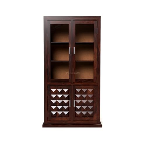 Image of Solid Sheesham Wood Book Shelf with Acrylic Glass Doors and Storage Cabinet | Rosewood Display Unit with 4 Doors for Living Room & Office (Walnut Finish)