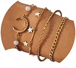 Branets Boho Layered Tassel Bracelets Set Gold Star&Moon Bracelet Beaded Hand Chain Jewelry Accessories for Women and Girls(4 pcs)
