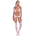 ABAFIP Women Cute Kawaii Anime Lingerie set Halter Strap Micro Bra Tiny Panty Garter Belt Striped Stockings 4Pcs Underwear Pink One Size