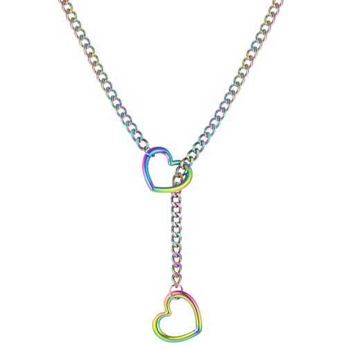 sroyte Heart Slip Chain Necklaces for Women Stainless Steel O-Ring Adjustable Lariat Y-Necklace Punk Cuban Gothic Choker Collar Necklace for women (31 Colorful Heart)