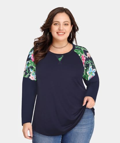 Image of CARCOS Plus Size Tops for Women Color Block Flower /Striped /Camo Crew Neck Long Sleeve Tee Shirt
