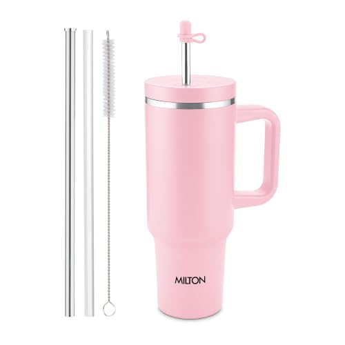 Image of MILTON My Tumbler 1200 Thermosteel Double Wall Vacuum Insulated Stainless Steel Tumbler with Handle 1100ml,Leak Proof Travel Mug with Straw,Silicon Cap Cleaning Brush, Hot & Cold Beverage Flask, Pink