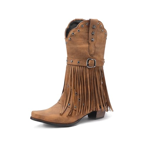 Bottes Western pour Femmes FGRID à Talon Haut Épais en Marron Taille 36