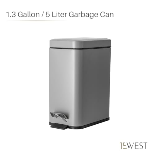 Image of Slim Rectangular 5 Liter Trash Bin Plastic - Long-Lasting, Easily Cleanable, with Silent Soft-Close Lid and Convenient Foot Pedal - Ideal as White Bathroom Trash, Office Bin