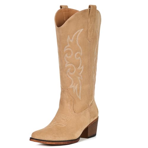Image of IUV Cowboy Boots For Women Western Cowgirl Boots Mid Calf Snip Toe Boot With Chunky Heel