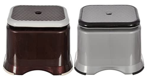 Image of Kuber Industries Ultra 10 Multiuses Portable, Lightweight, Strong, Plastic Bathroom /Step /Sitting Stool, Patla- Pack of 2 (Brown & Grey)-46KM0149, Standard