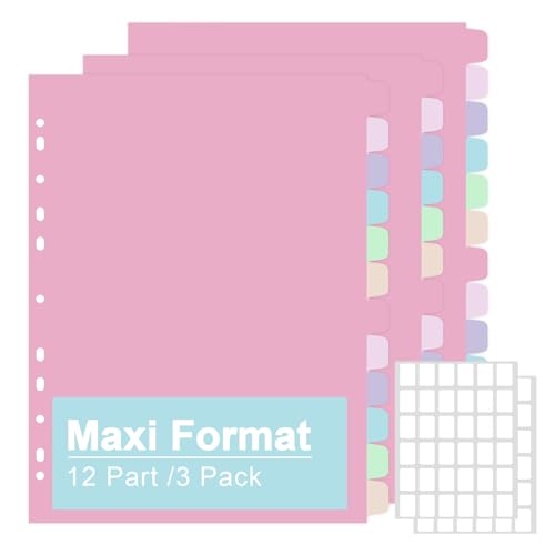 File Dividers Maxi Format, 3 Pack 12 Part Folder Dividers 24.5 x 30.5 cm Rainbow Plastic Dividers for A4 Maxi Format or Lever Arch Files Ring Binders