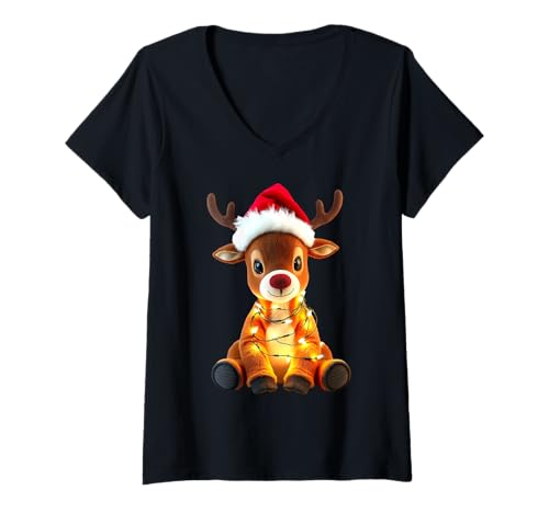 Damen Rentier Weihnachtspullover Weihnachten Lichterkette süßes...