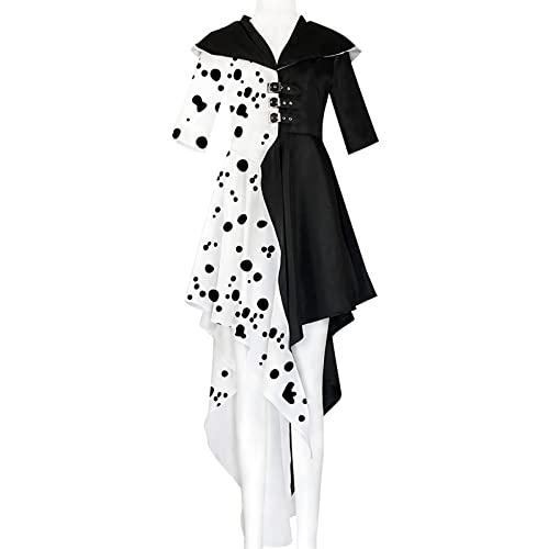 Karneval Kostüm Damen, Cruella Deville Kostüm Kleid Cosplay, Schwarzer und Weißer Dalmatiner Fleck Kleid Partnerkostümen Karneval (L)