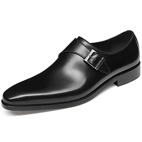 Dress Shoes for Men Slip On Monk Strap Square Burnished Toe Leather Rubber Sole Anti-Slip Low Top Block Heel Slip Resistant Walking