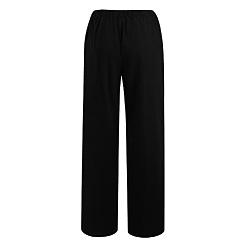 Wide Leg Trousers for Women UK Women Linen Summer Casual Baggy Trousers Elastic Waist Drawstring Pants with Pockets Loose fit Plain for UK Black l - Image 6