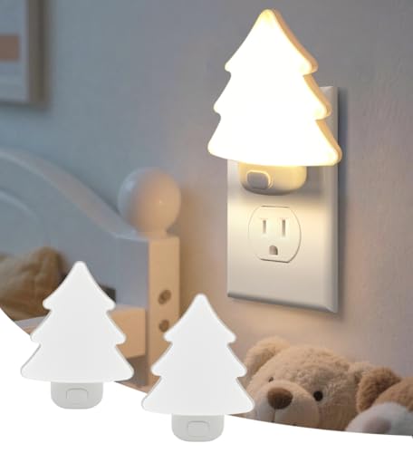 LED Night Light Christmas Tree Lights Plug Into Wall [2 Pack] with Manual On-Off Dimmable Nightlights Warm/White Wall Art for Home Decor Bathroom Hallway Bedroom Kids Room Apartment White