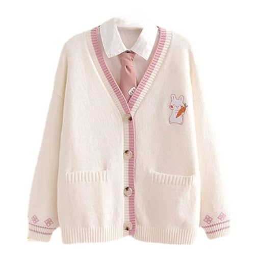 Pink Kawaii Preppy Bunny Cardigan Sweater for Girl Loose Embroidery Plaid Soft Cozy Sweater 10 12 14Gift