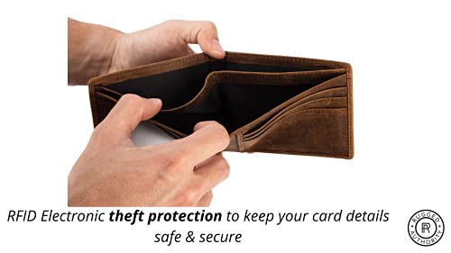 Brown Mens Leather Bifold Wallet with RFID Blocking Theft Protection, 5 card wallet slots & ID Window. Slim minimalist, distressed leather wallets for men.4
