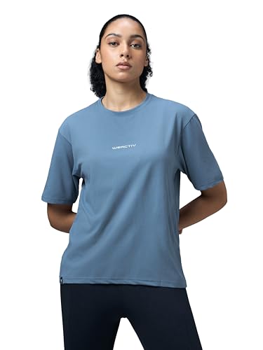 Image of TECHNOSPORT Women's Printed Boxy Fit Round Neck T-Shirt COTFLEX Half Sleeve Slip On Polyester for Gym Yoga Workout UPF50+ Anti Odour