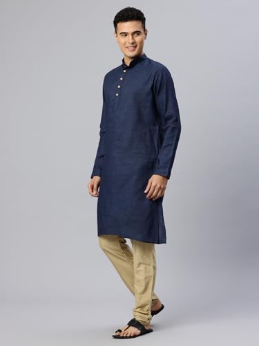 Image of Majestic Man Men's Cotton Regular Fit Traditional Mandarin Collar Ethnic Motifs Solid Long Kurta