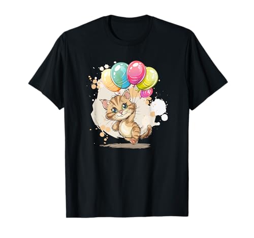 カラフルな猫と風船で明るい見た目とコスチューム。 Tシャツ