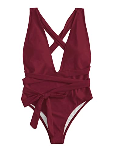 Image of Lilosy Sexy Tie Criss Cross Plunge One Piece Thong Swimsuit High Cut Brazilian Bathing Suit