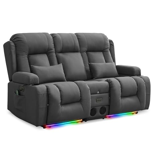 URRED Loveseat Recliner Sofa with Massage and Heat, Power Reclining Loveseat Sofa RV Couch with Console, Home Theater Seating with LED Lights, Bluetooth Speakers, USB, Outlets, Leathaire, Gray