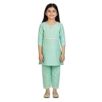 VASTRAMAY Girls Mirrored Viscose Kurta Trousers Set Traditional Design Ideal for Weddings, Festivals and Special Occasions, mint green, 7-8 Jahr