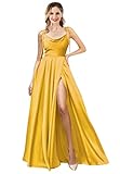 BONOYUER Women's Spaghetti Strap Plus Size Satin Prom Dress with Pockets High Slit Long Evening Formal Gown Golden Yellow 18W