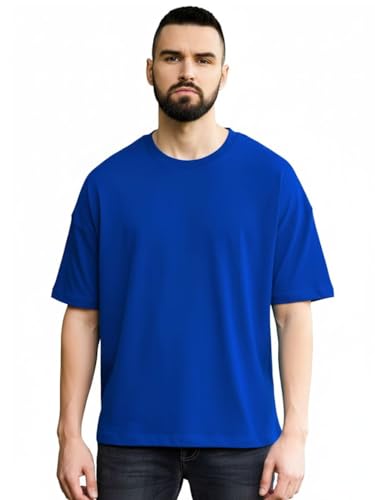 Image of LEOTUDE Half Sleeve Oversized Tshirt for Men, Round Neck Cottonblend Drop Shoulder Solid T-Shirt (Color Multicolor)
