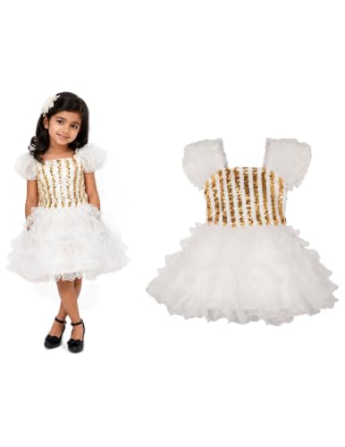 Image of BookMyCostume White & Golden Sequin Western Dance Costume for Girls | Stylish Top with Frill Sleeves & White Fluffy Skirt | Western Dance Costume for Kids| 6-7 Years