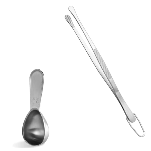 Image of U-Taste 18 /8 Stainless Steel Measuring Coffee Scoop with Short Handled Measure Scooper (Silver, 2Tbsp /30ml) and 8in Kitchen Plating Tweezer:18 /8 Stainless Steel Food-Grade Metal Food Tong (Round Tip)