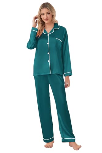 Schbbbta Family Matching Silk Pajamas Set Satin Long Sleeve Button Down Christmas Sleepwear Pj Set, Green, 11-12 Years4