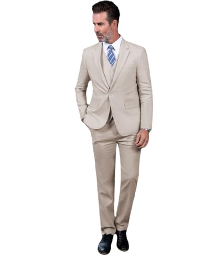 SOLOVEDRESS Men's 3 Piece Linen Suits Set Regular Fit Casual Groomsmen Tuxedo Blazer Jacket and Pants for Wedding and Prom