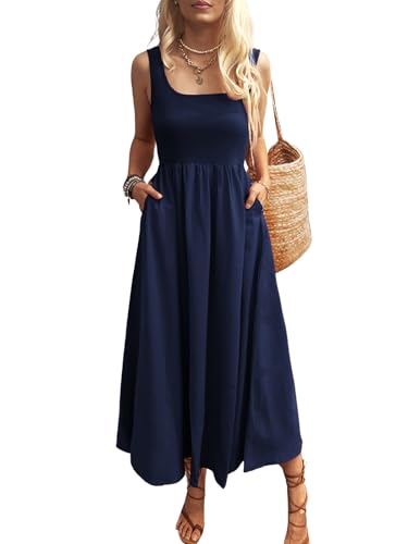 Women's Maxi Dress Summer Sleeveless Swing Sundress Casual Loose Tank Long Dresses with Pockets