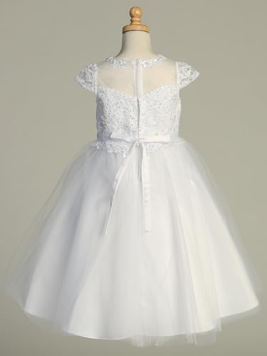Holy Catholic First Communion Dress for Girls w/Corded Embroidered Tulle Top - Pearls & Sequins w/Cap Sleeve4