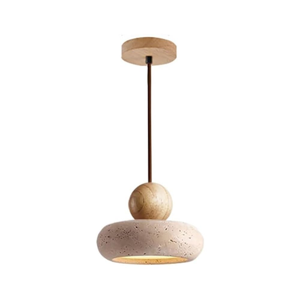 LYMSXAZOU Modern Yellow Travertine Pendant Light Japanese Stone Shade Hanging Lamp with Wood Globe Accent Interior Minimalist Decor Chandelier for Dining Room Kitchen Island(Wood)